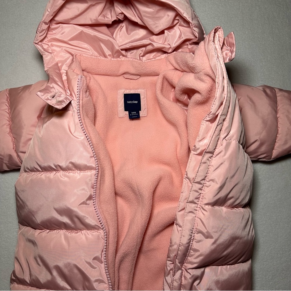 Baby Gap Pink Fleece-Lined Snowsuit 6-12M | Hooded Winter Outdoor Body Suit - Picture 4 of 7